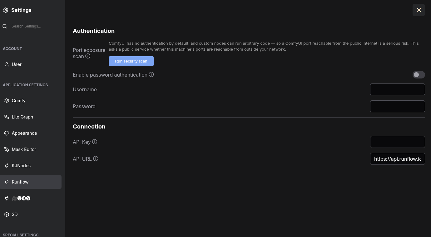 ComfyUI Settings with the Runflow tab selected, showing an Authentication section with a 'Run security scan' button, an 'Enable password authentication' toggle, Username and Password fields, and a Connection section with API Key and API URL fields.