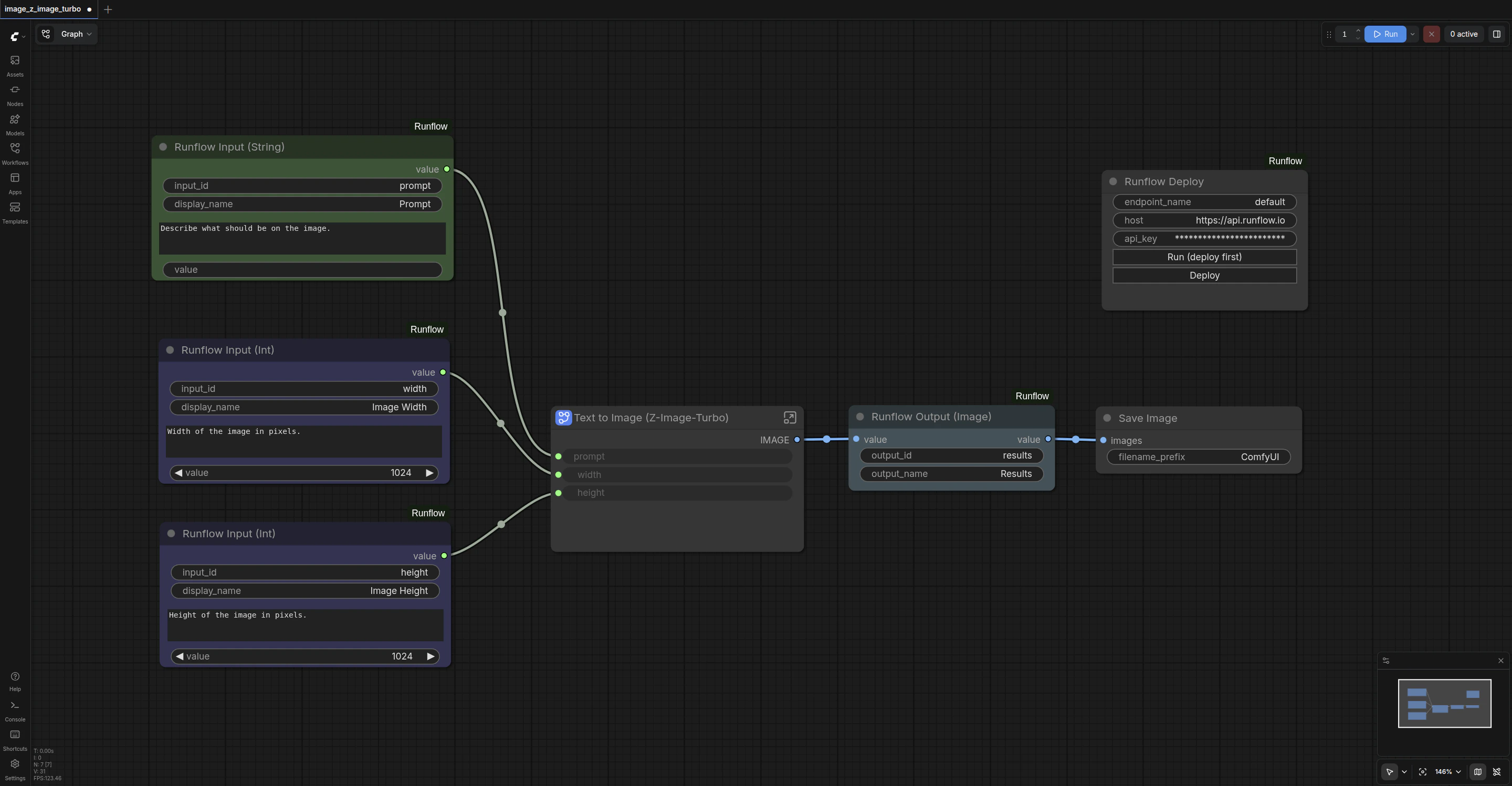 A ComfyUI workflow with three Runflow Input nodes (prompt, width, height) feeding a model node, with a Runflow Output (IMAGE) and the Runflow Deploy node also wired in.