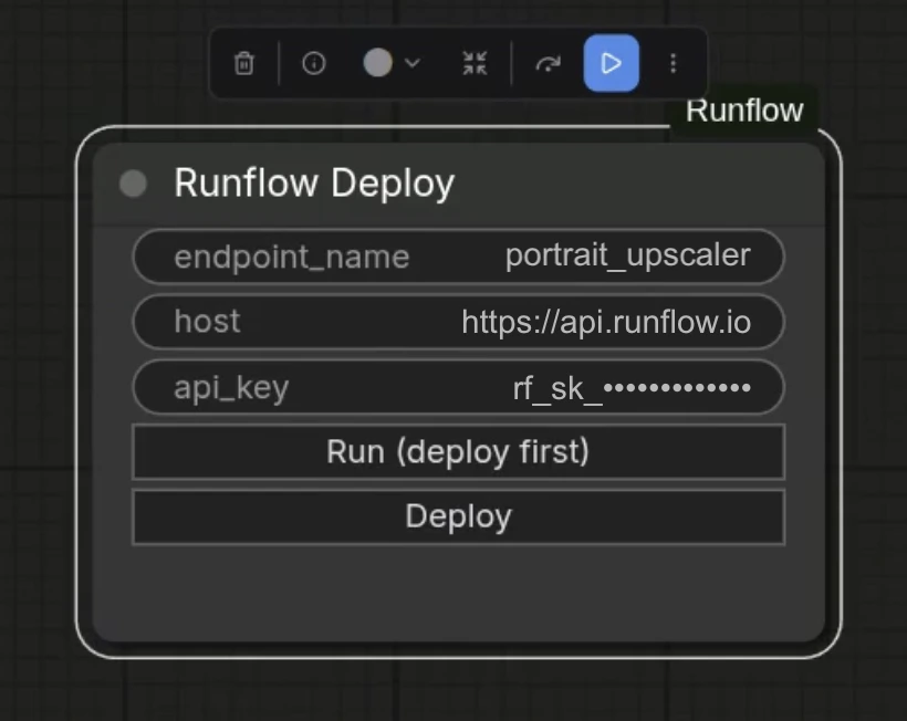 The Runflow Deploy node in ComfyUI with endpoint_name, host, and api_key widgets visible. Two buttons are shown below the widgets.