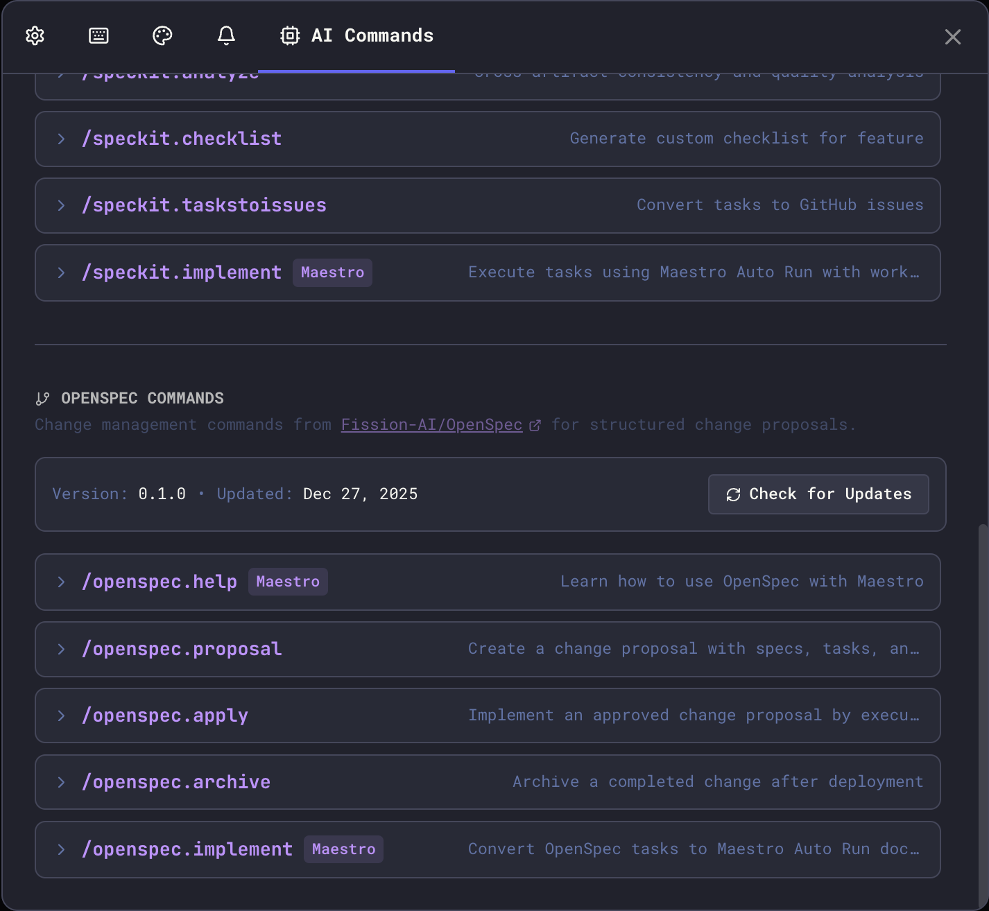 OpenSpec commands in the AI Commands panel