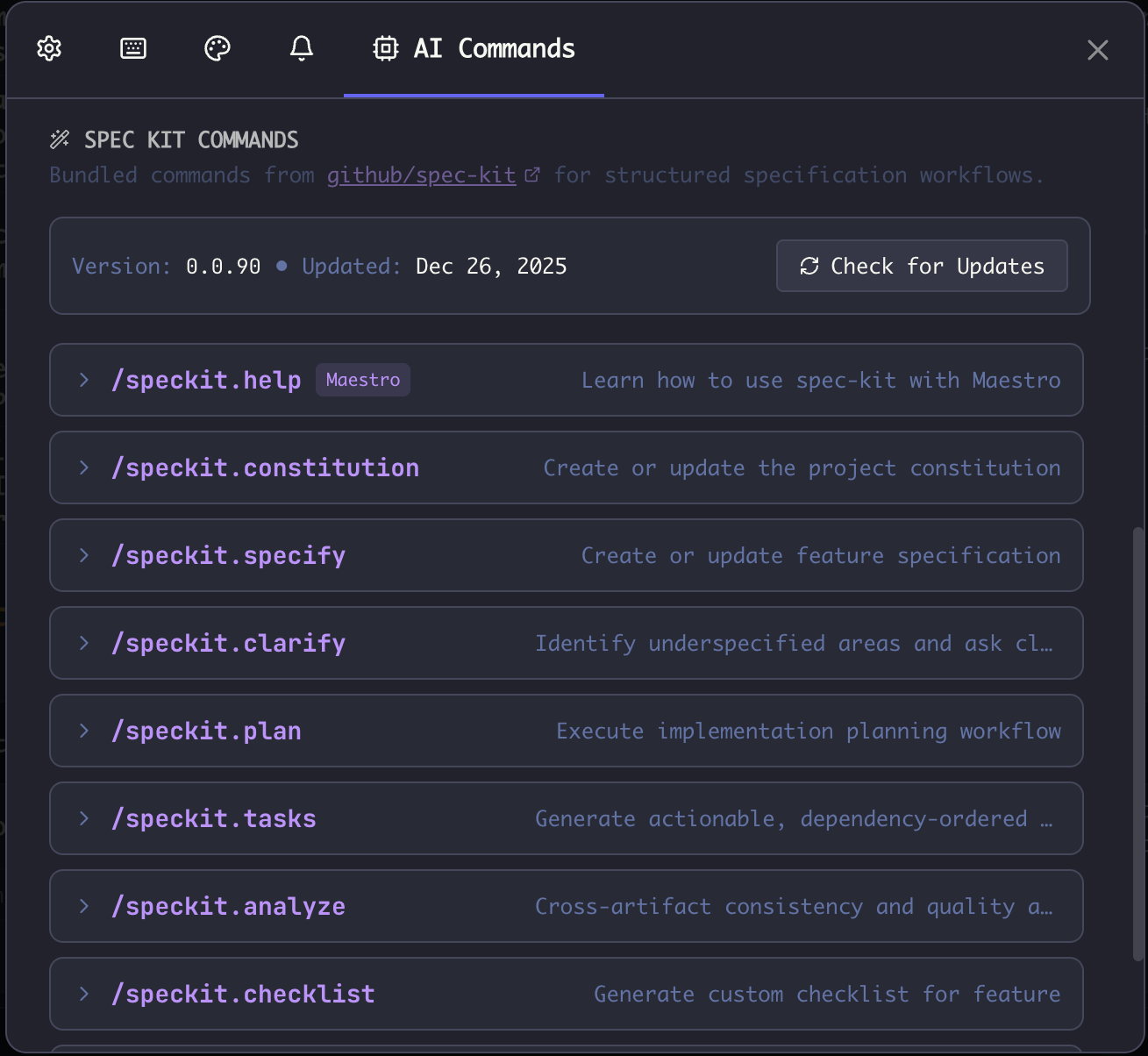 Spec-Kit Commands in Settings