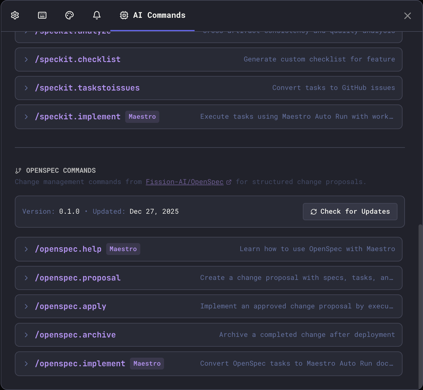 OpenSpec commands in the AI Commands panel