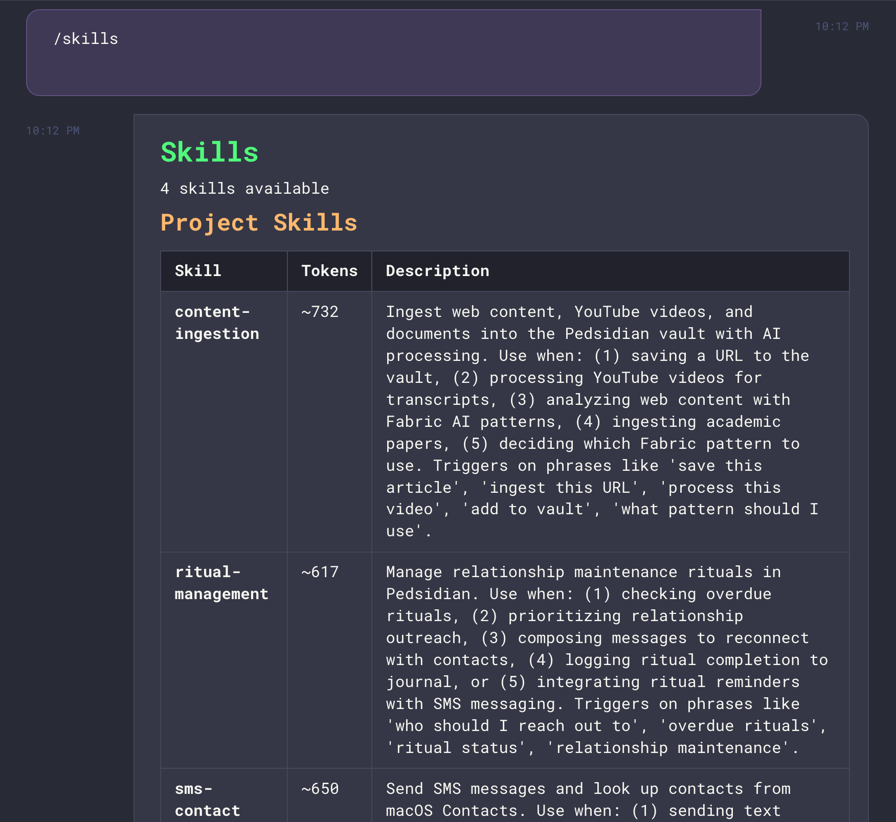 Skills enumeration showing project skills with name, token count, and description