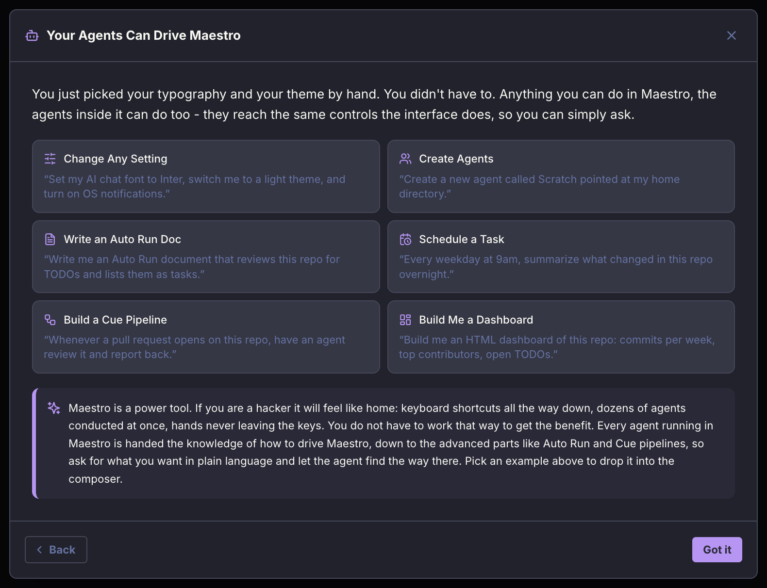 The first-run screen explaining that agents can drive Maestro