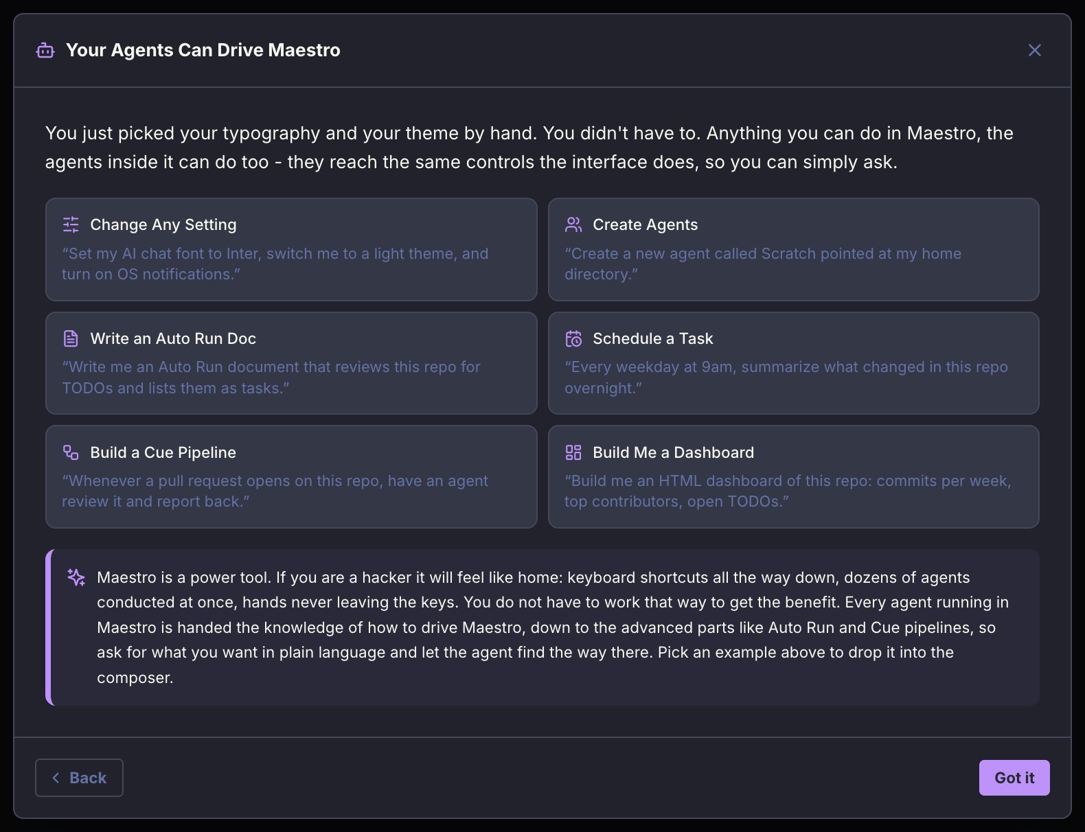 The first-run screen explaining that agents can drive Maestro