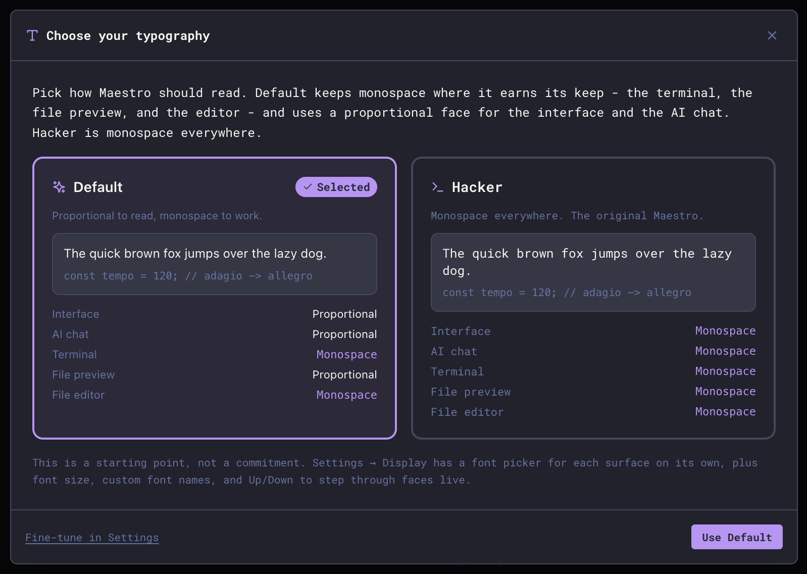The first-run typography chooser