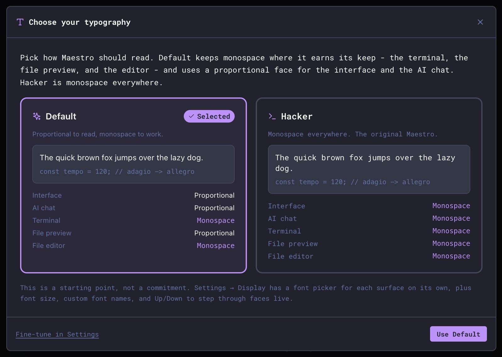 The first-run typography chooser