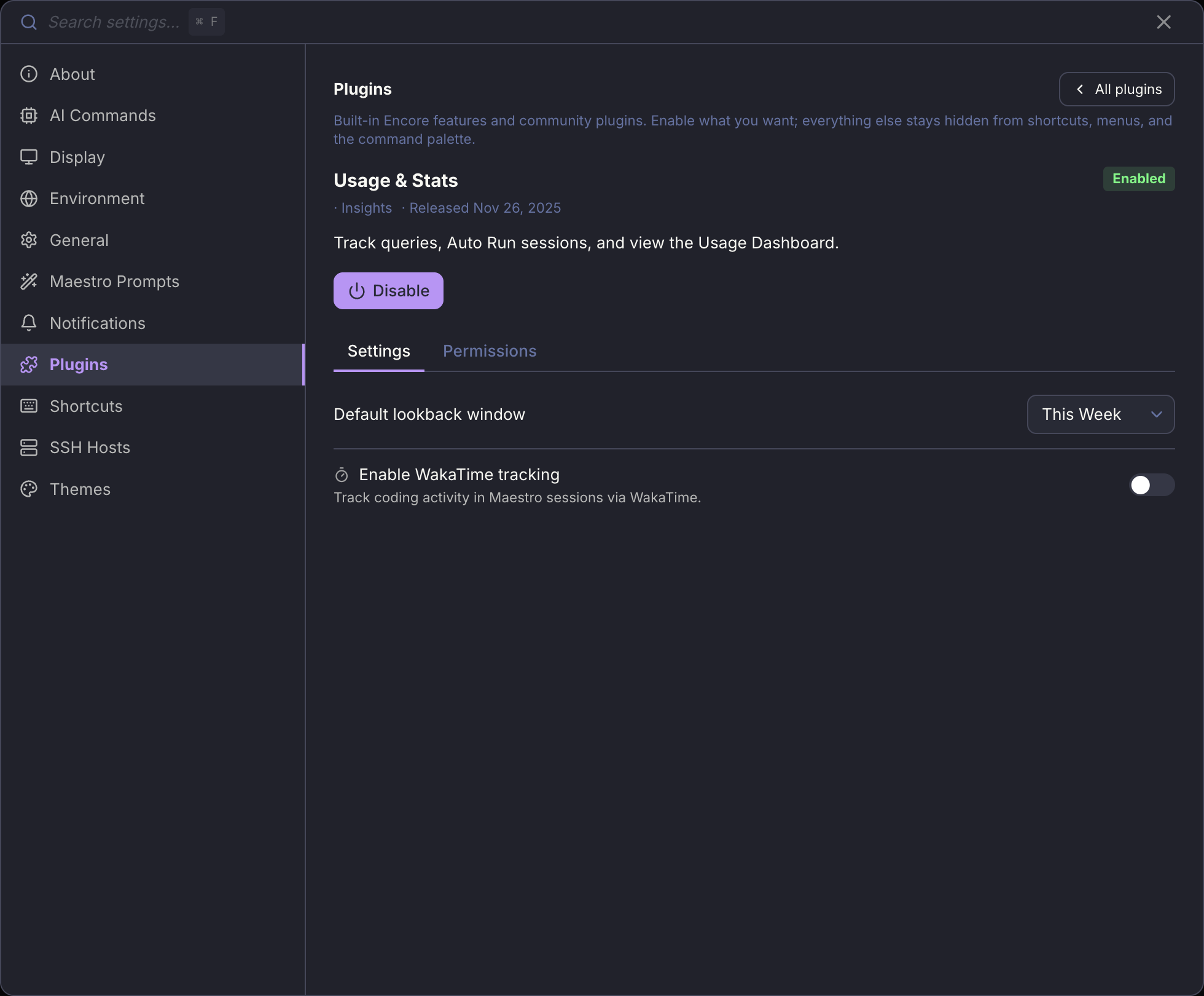 A plugin's detail view, with its own settings and permission list