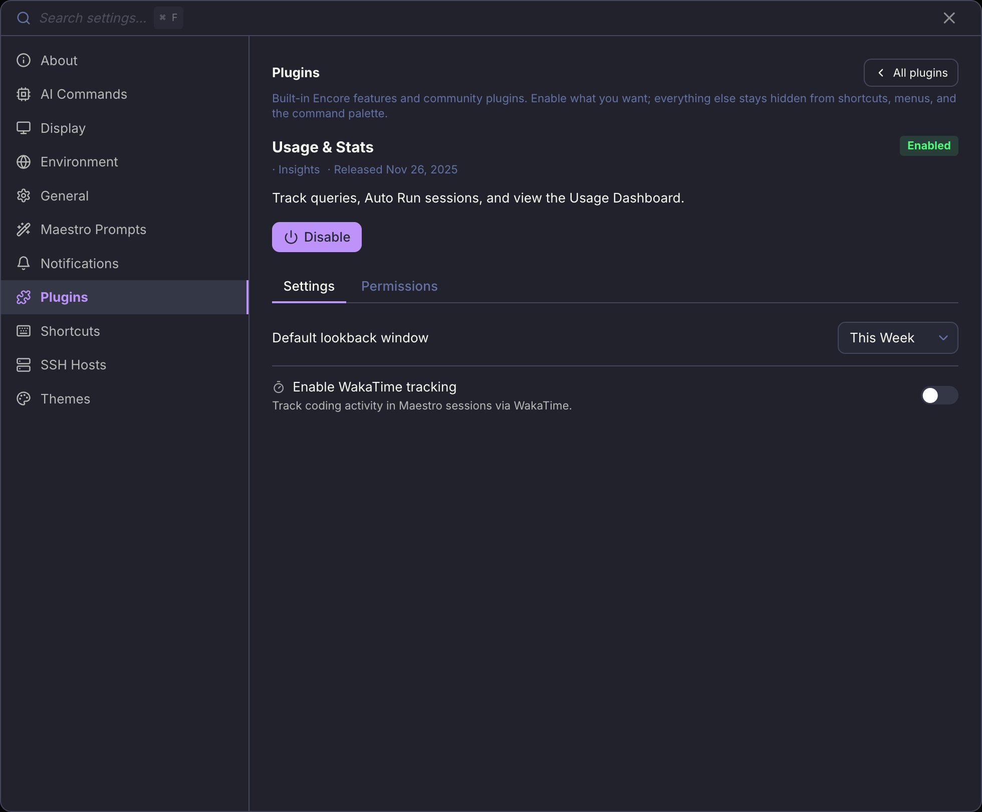 A plugin's detail view, with its own settings and permission list
