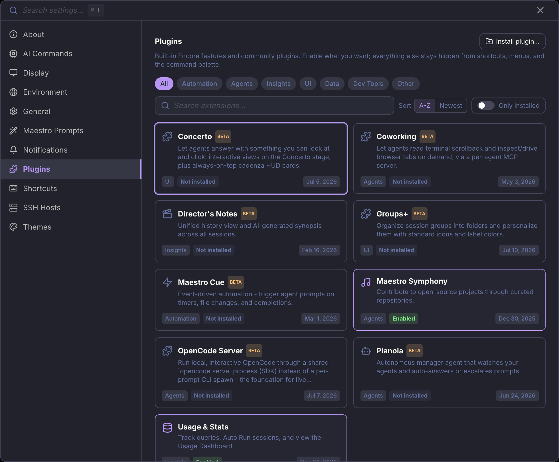 The Plugins tab in Settings, listing every built-in Encore Feature