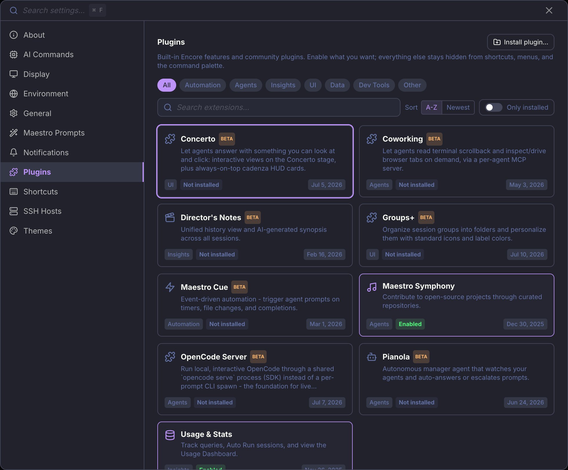 The Plugins tab in Settings, listing every built-in Encore Feature