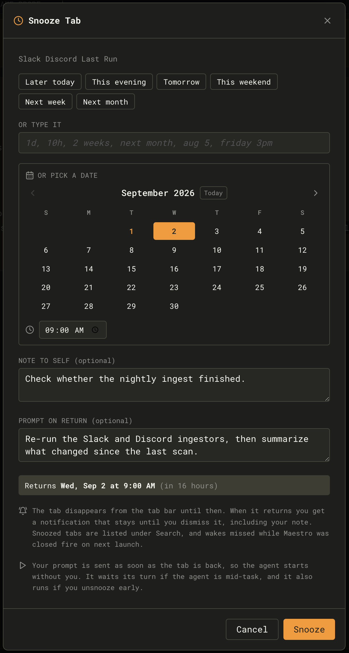 Snooze Tab dialog