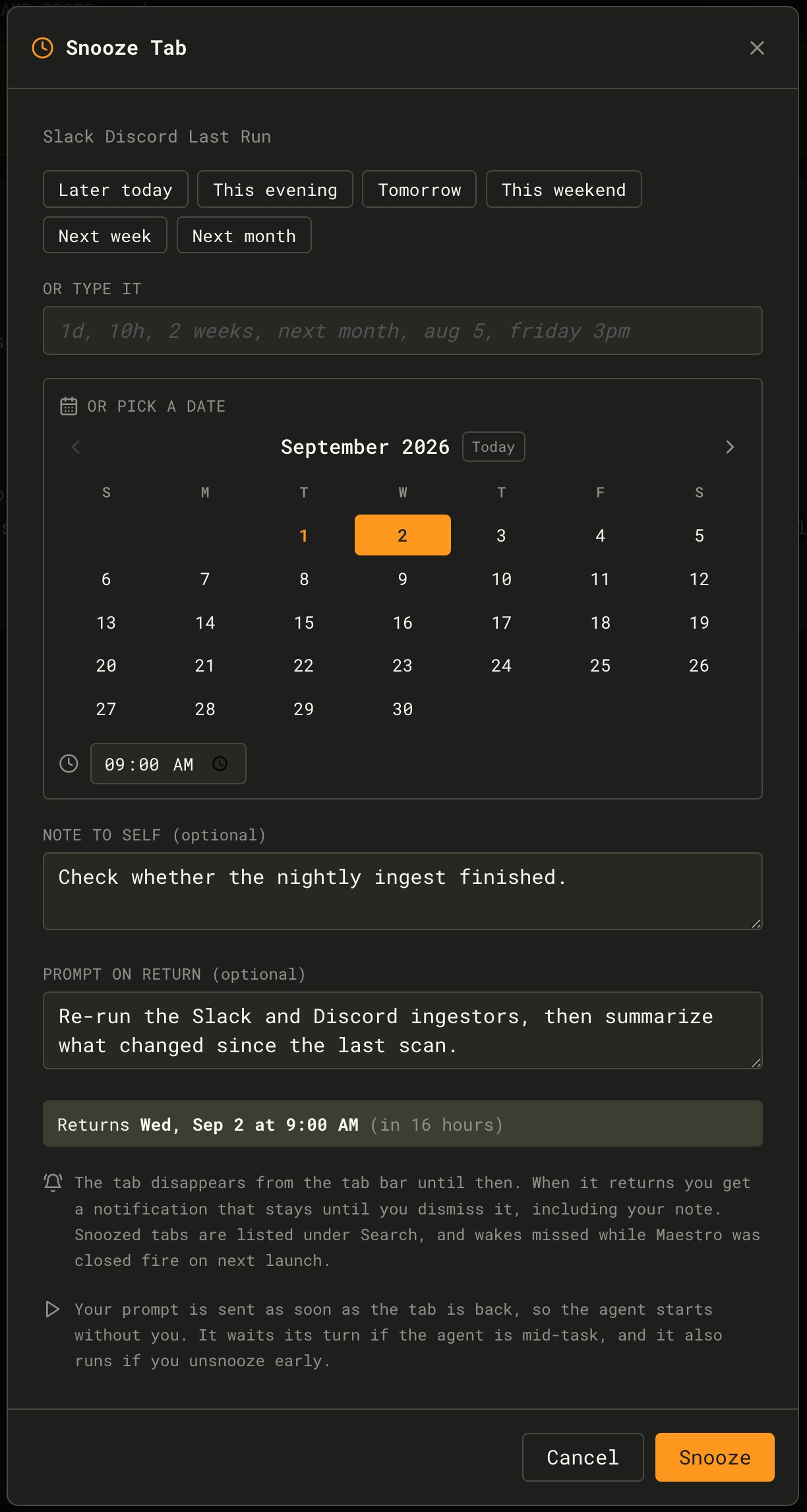 Snooze Tab dialog