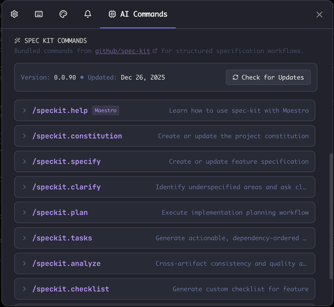 Spec-Kit Commands in Settings