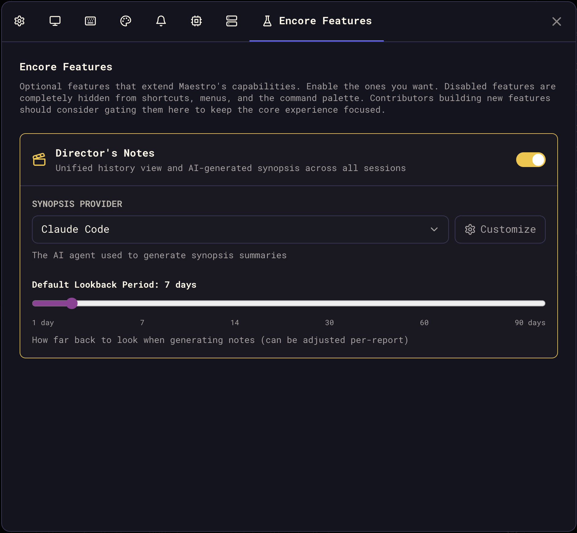 Encore Features settings panel