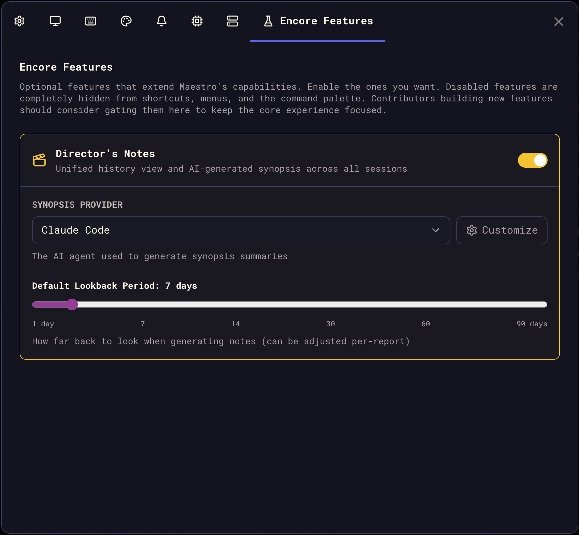 Encore Features settings panel