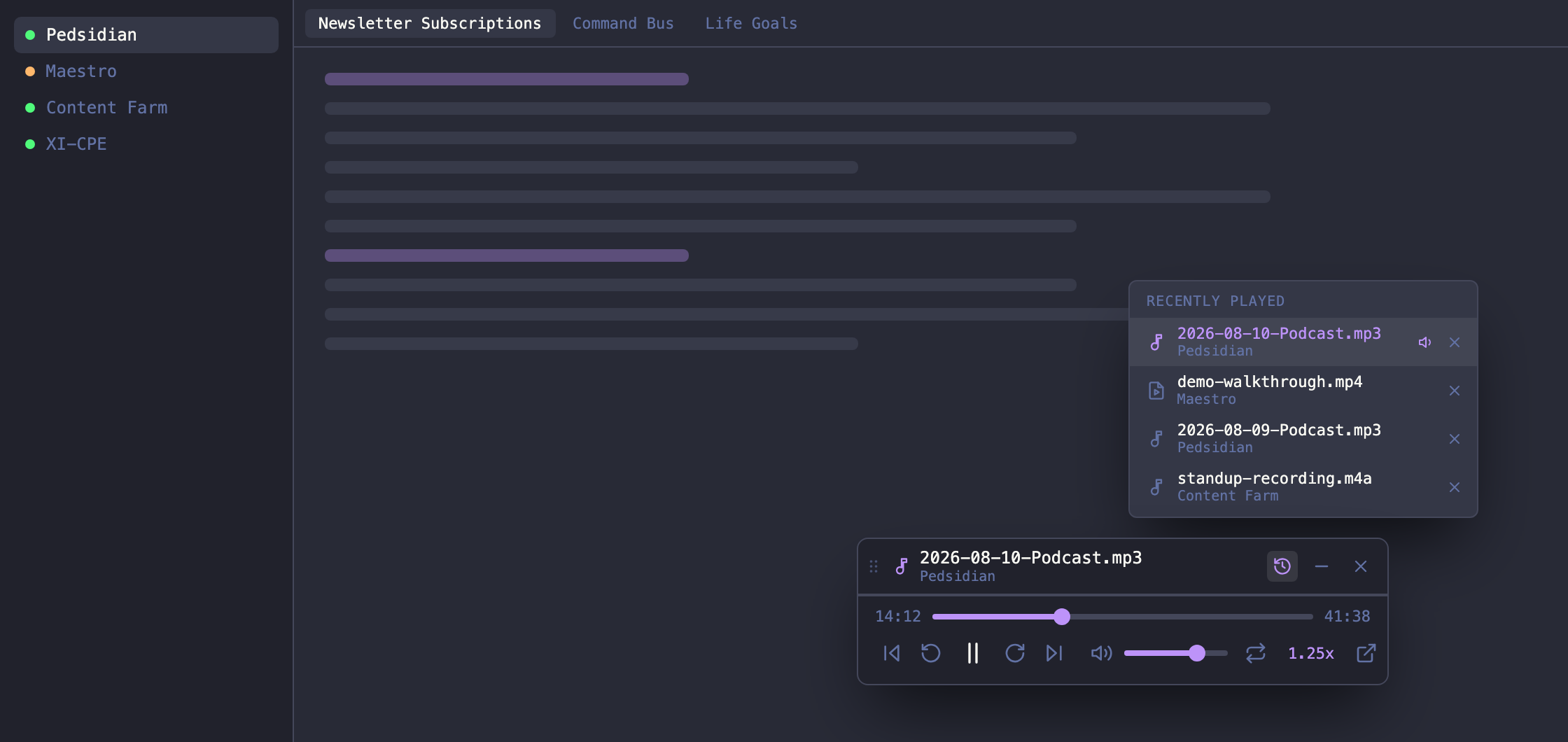 The Maestro media player, floating over an agent with its Recently Played menu open