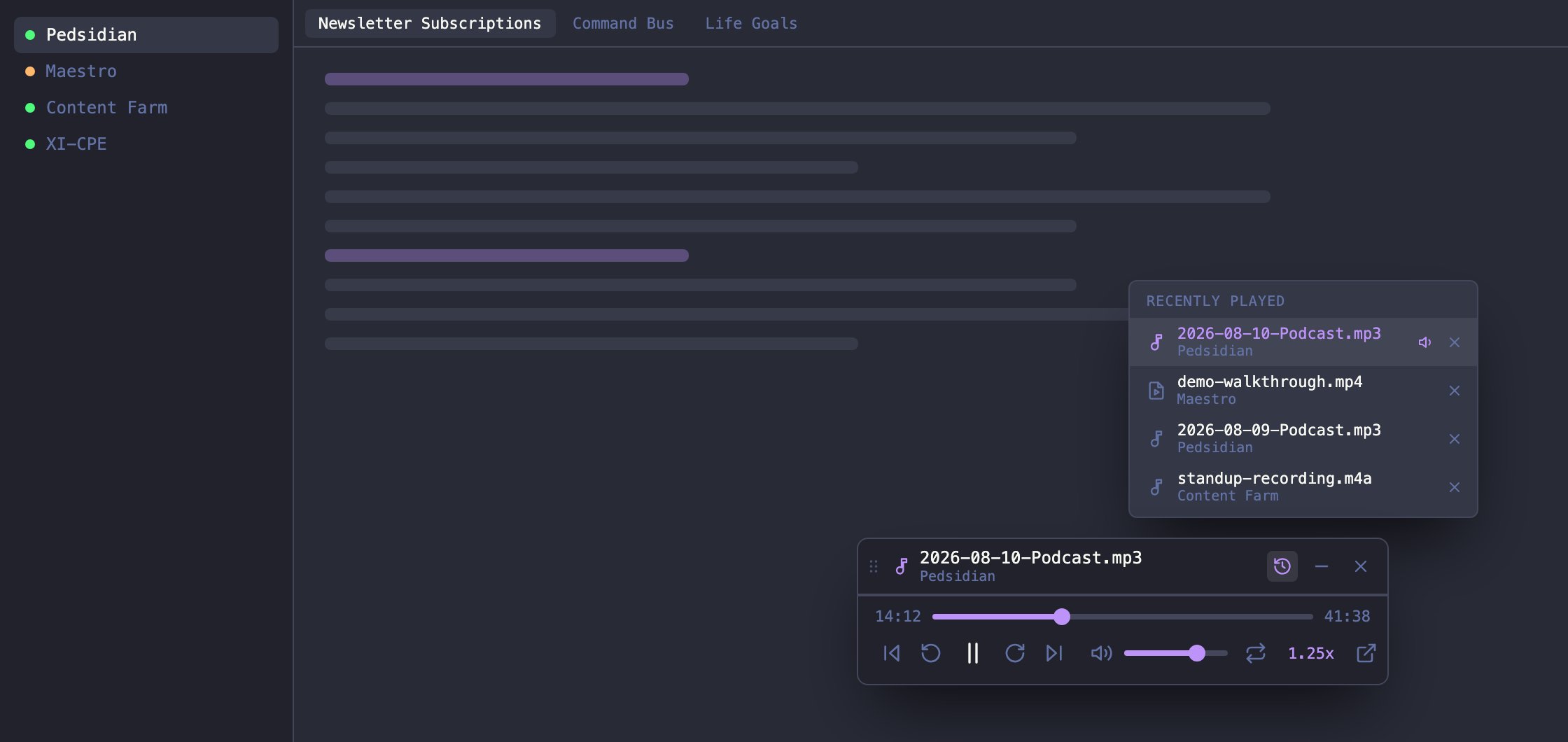 The Maestro media player, floating over an agent with its Recently Played menu open