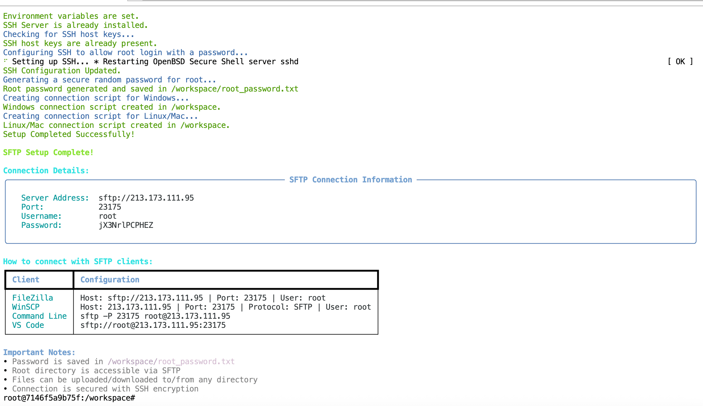 SFTP setup confirmation showing connection details and instructions