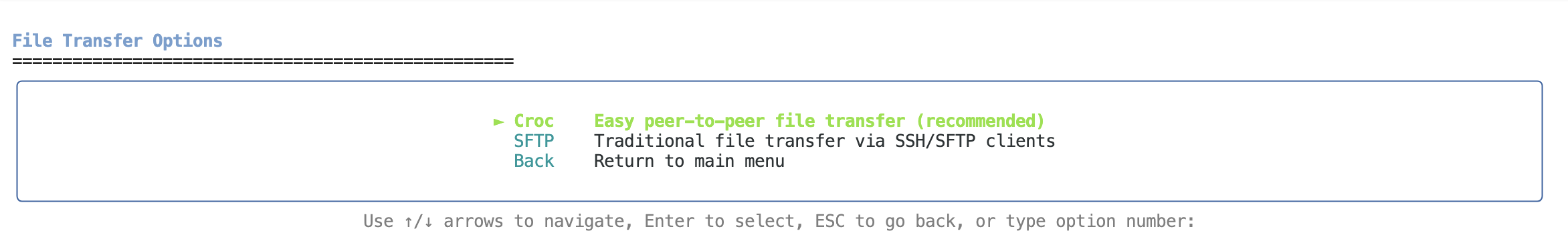 File transfer selection menu showing Croc and SFTP options