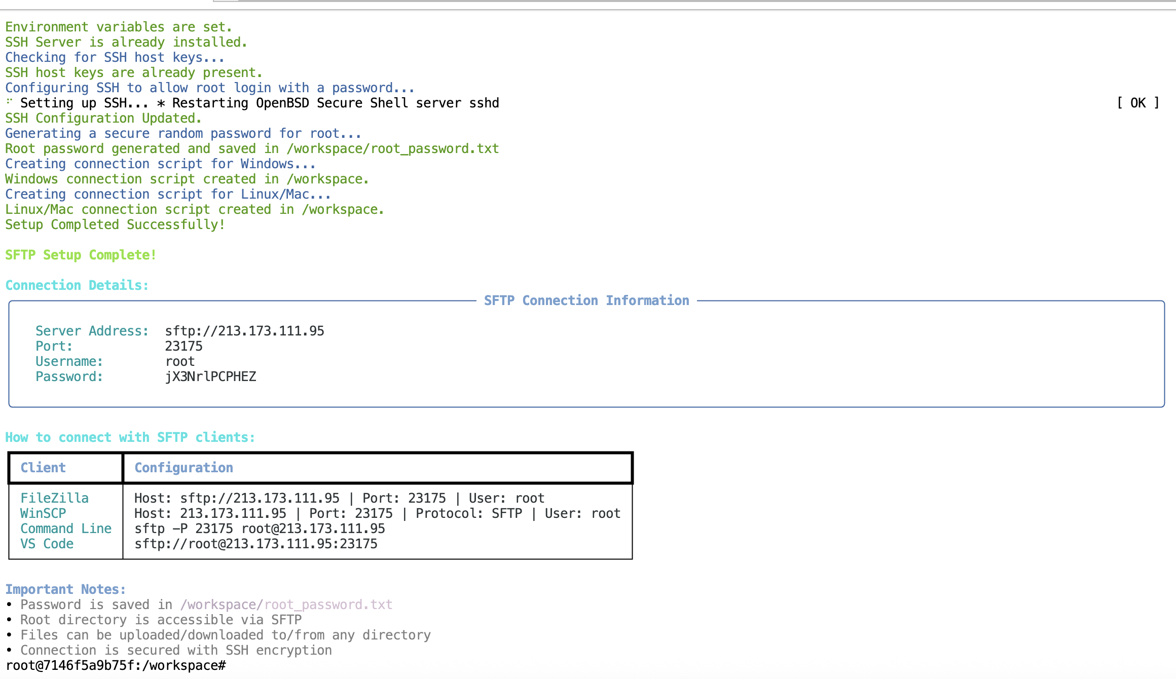 SFTP setup confirmation showing connection details and instructions