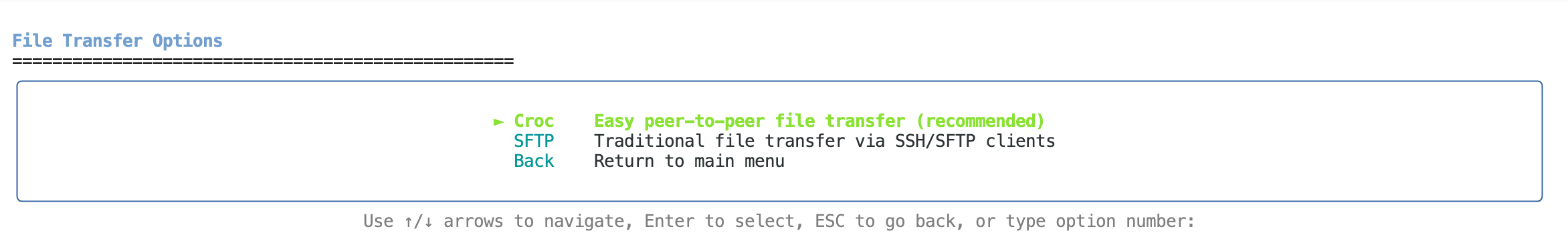 File transfer selection menu showing Croc and SFTP options