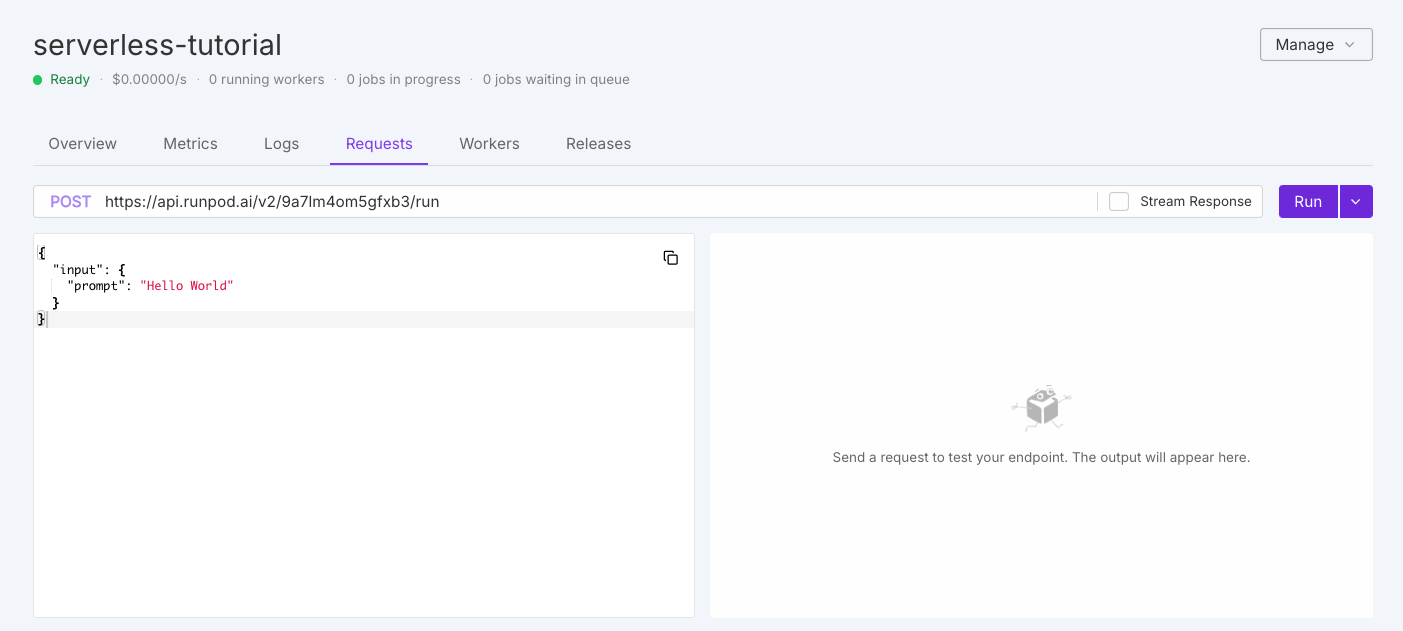 Runpod serverless endpoint details page