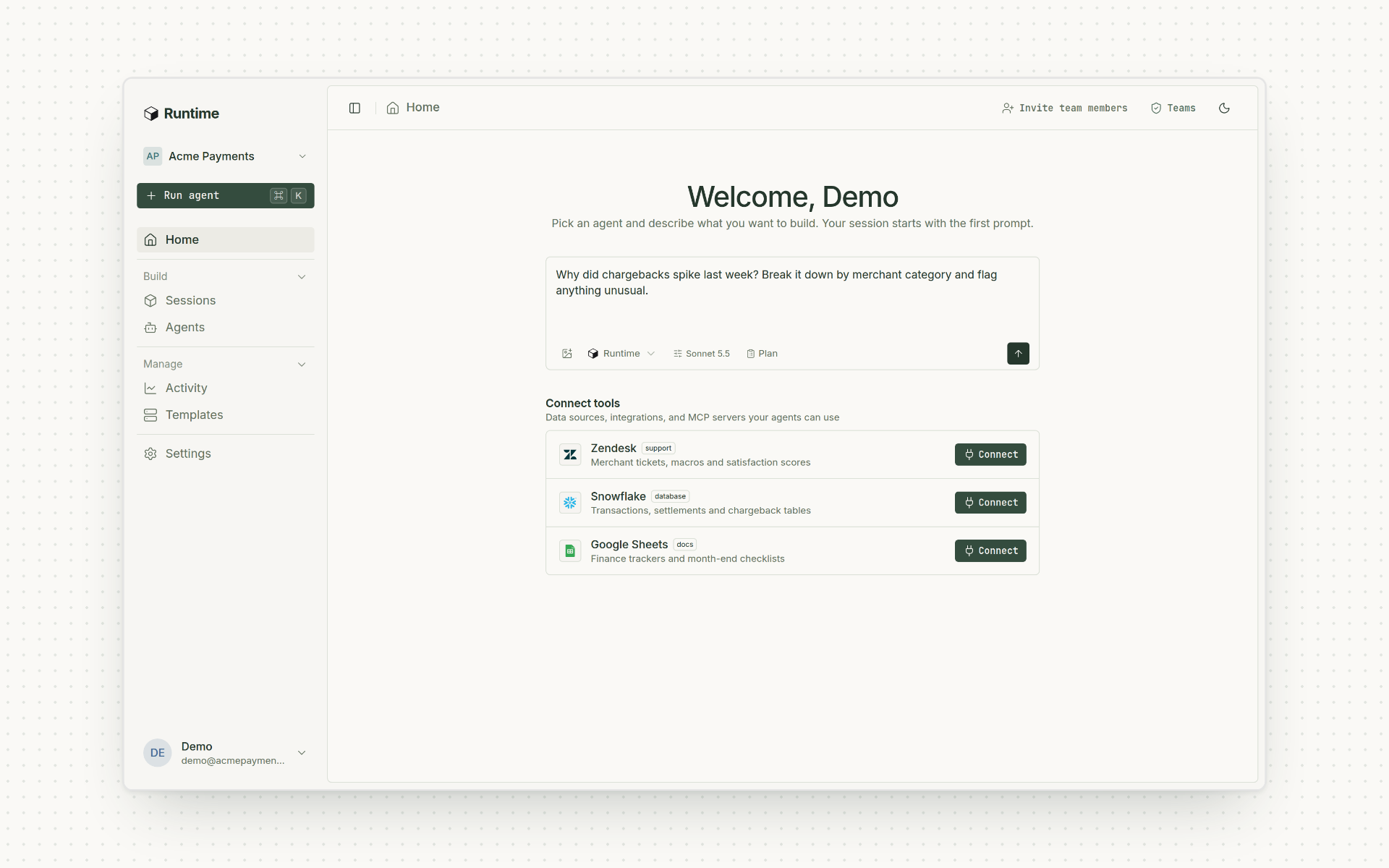 The new Runtime dashboard home with Ask Runtime