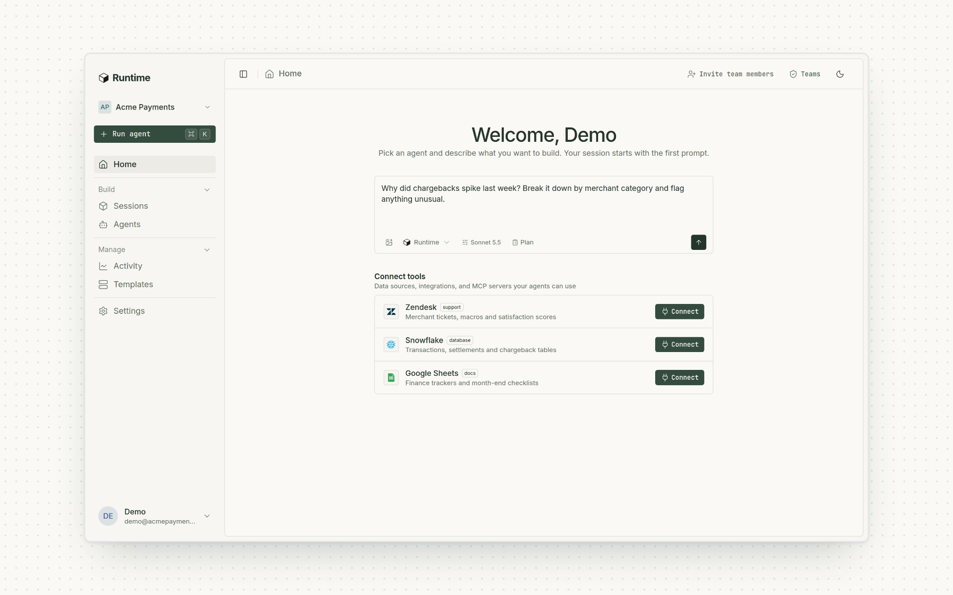 The new Runtime dashboard home with Ask Runtime