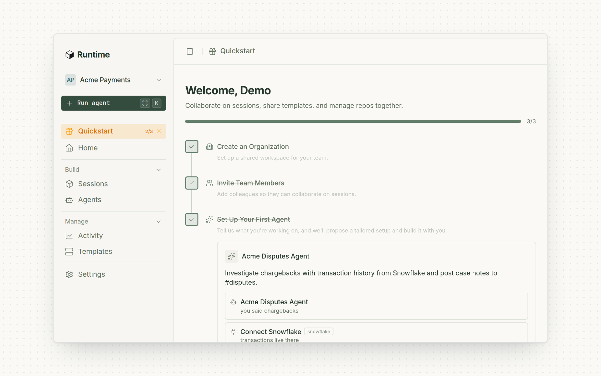 The setup guide for a new agent in Quickstart