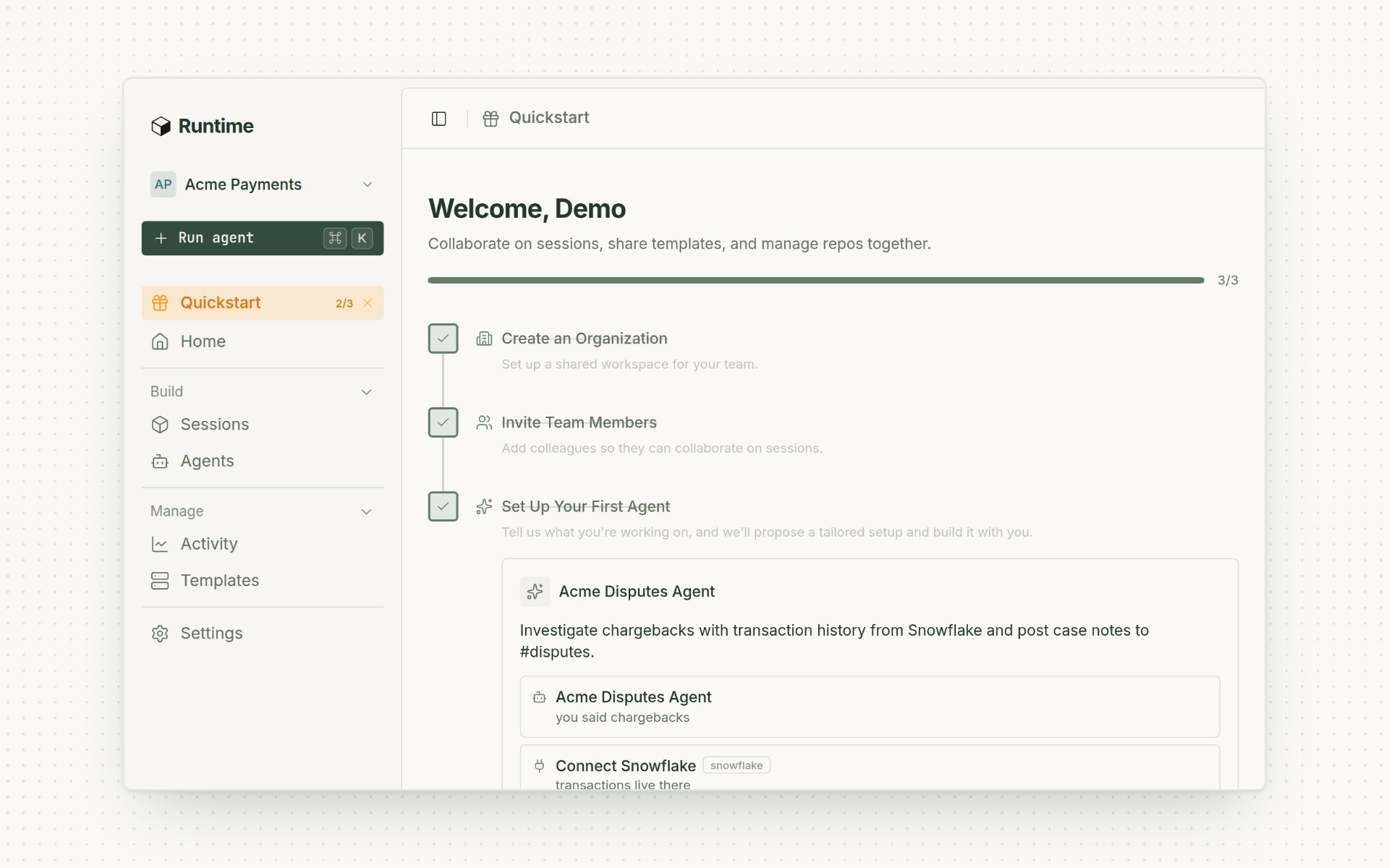 The setup guide for a new agent in Quickstart