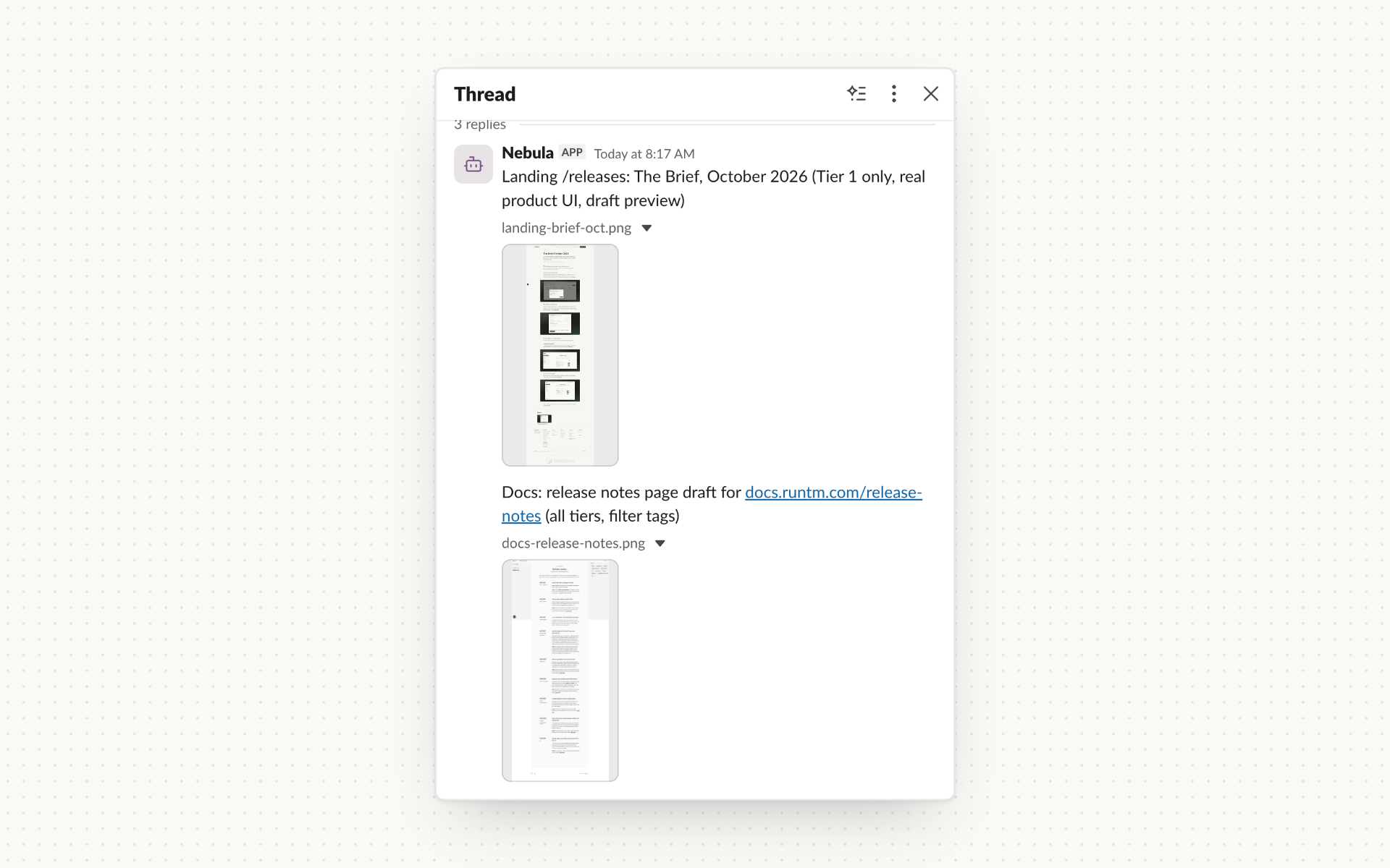A Runtime agent posting screenshots into its Slack thread