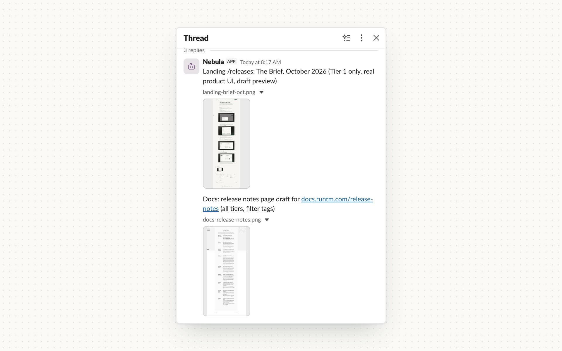 A Runtime agent posting screenshots into its Slack thread
