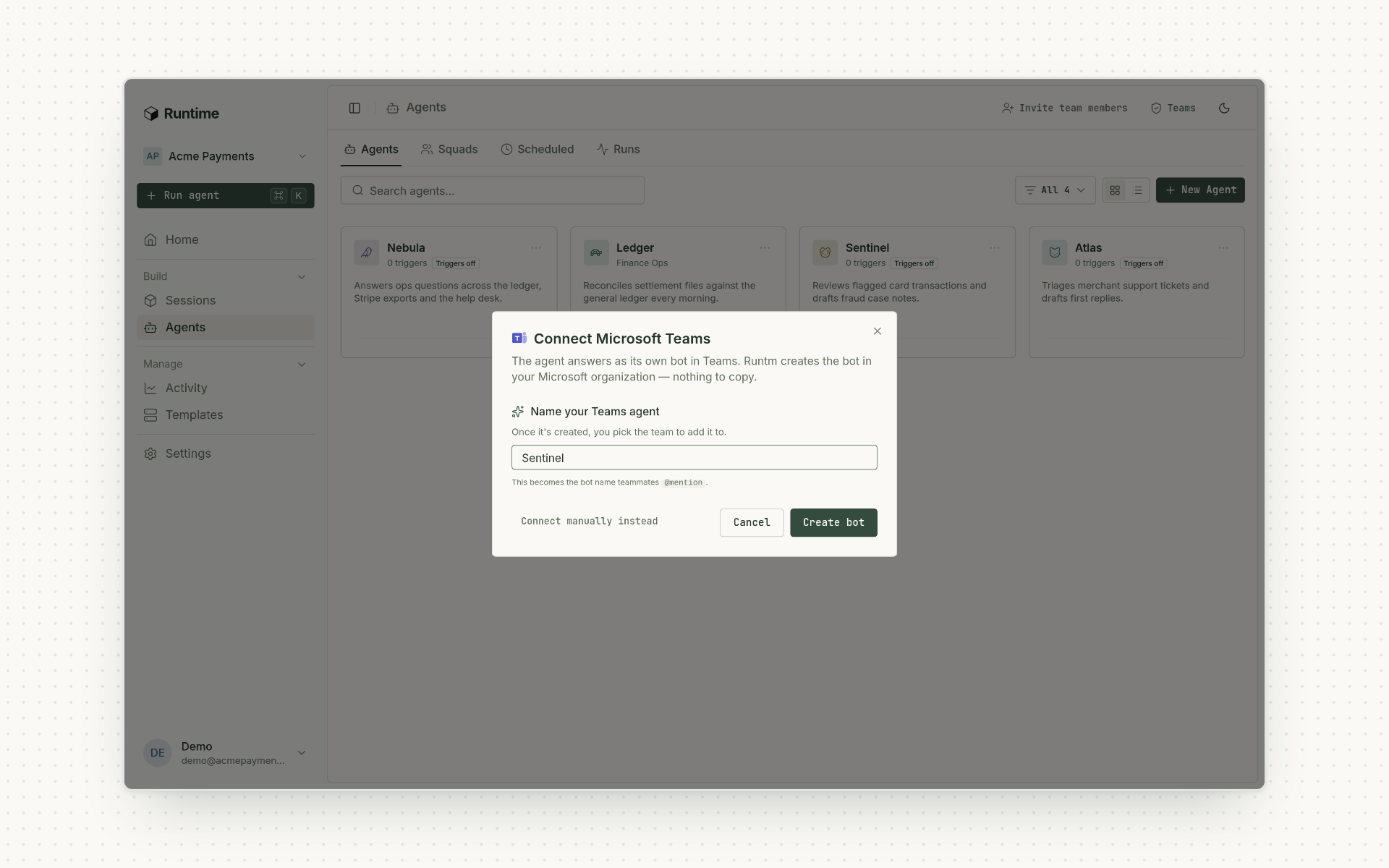 The Connect Microsoft Teams dialog, naming a new Teams agent