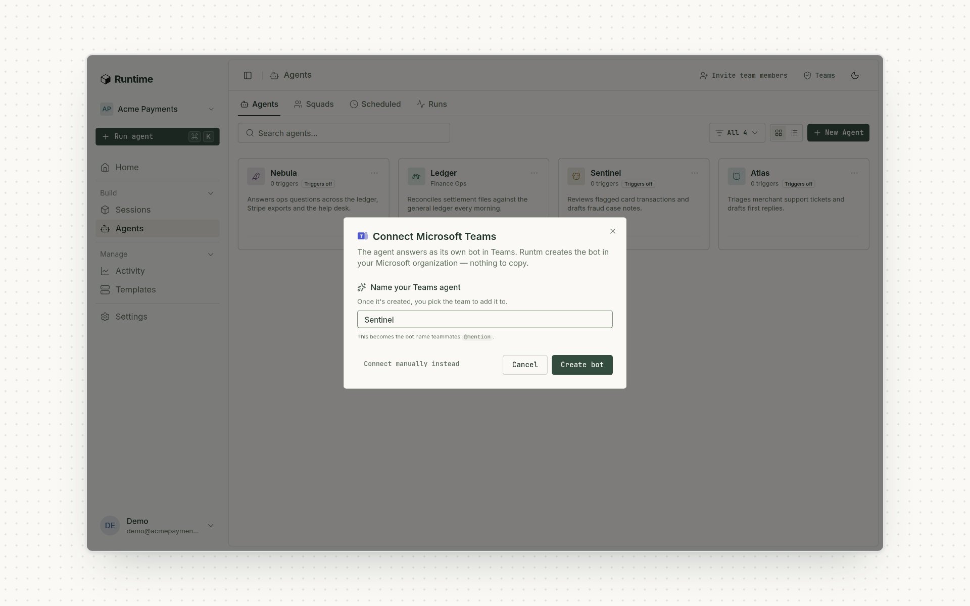 The Connect Microsoft Teams dialog, naming a new Teams agent