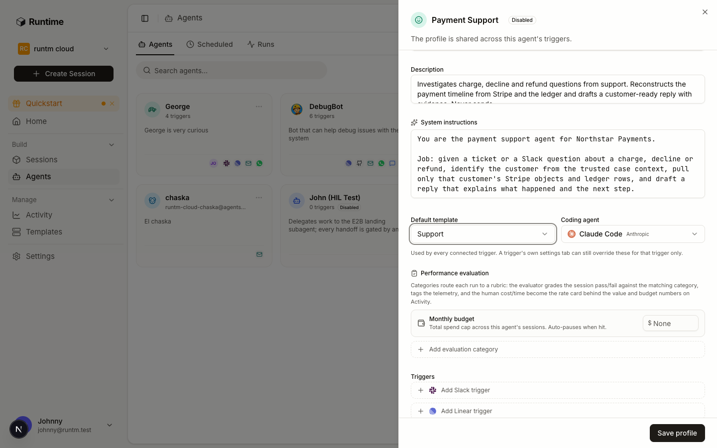 Agent edit sheet, Profile tab with Default template and Coding agent selectors