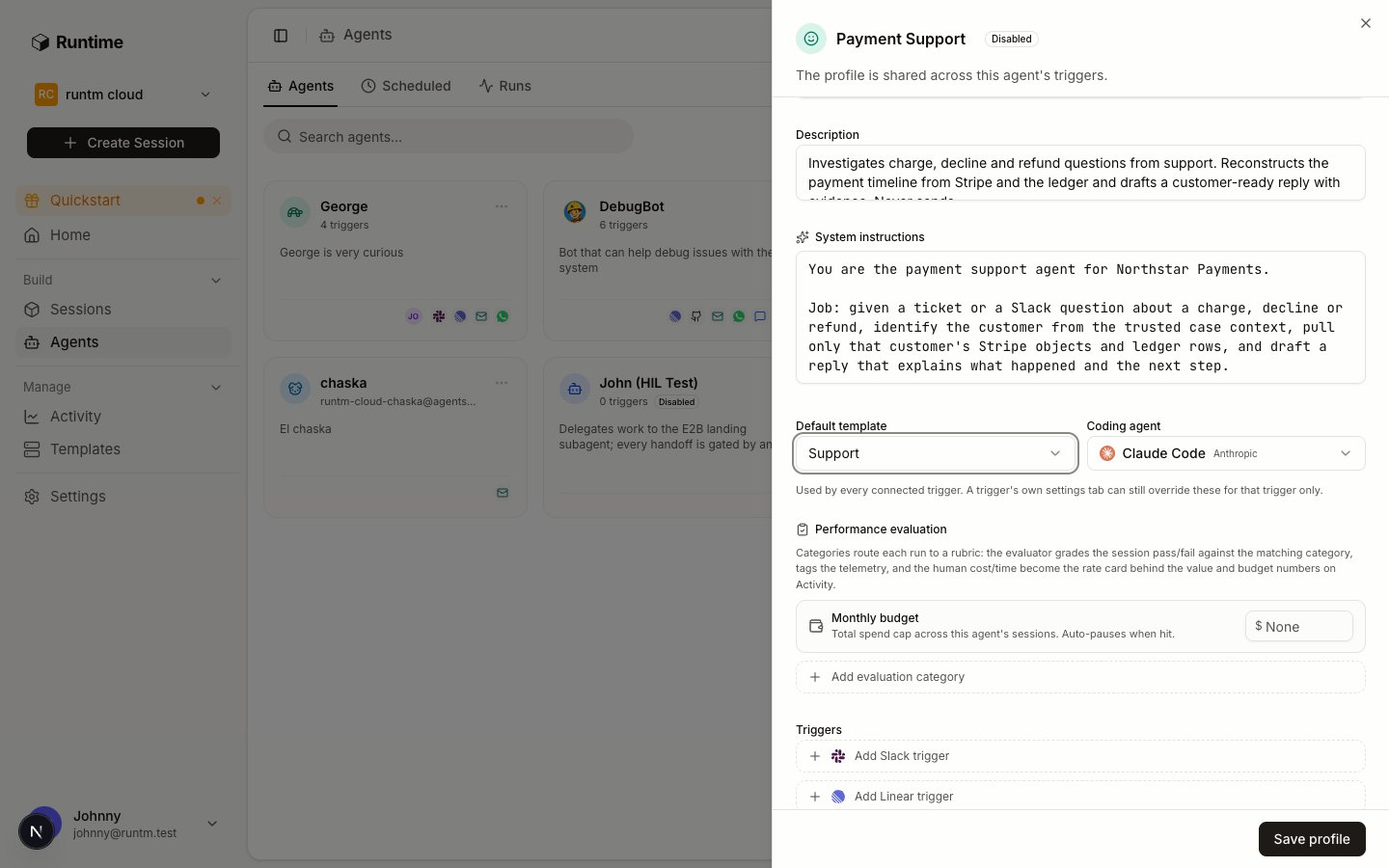 Agent edit sheet, Profile tab with Default template and Coding agent selectors