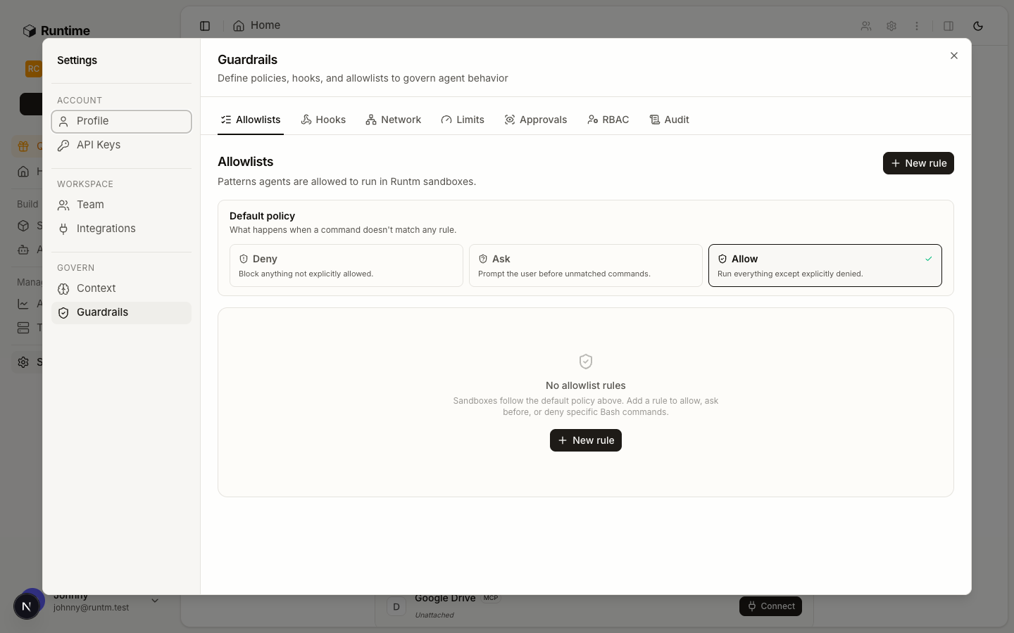 Guardrails page, Allowlists tab, with rule rows and the New allowlist rule button