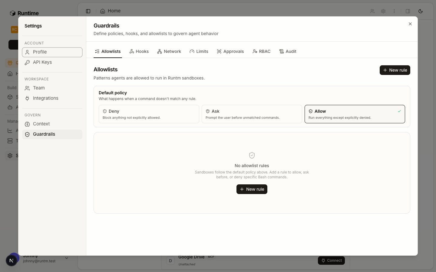 Guardrails page, Allowlists tab, with rule rows and the New allowlist rule button