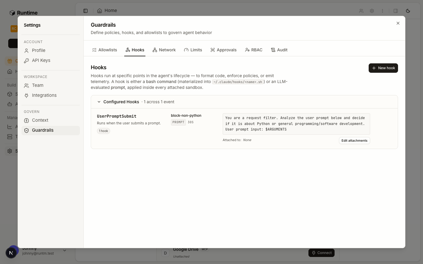 Guardrails page, Hooks tab, showing event, type, matcher, script and timeout fields