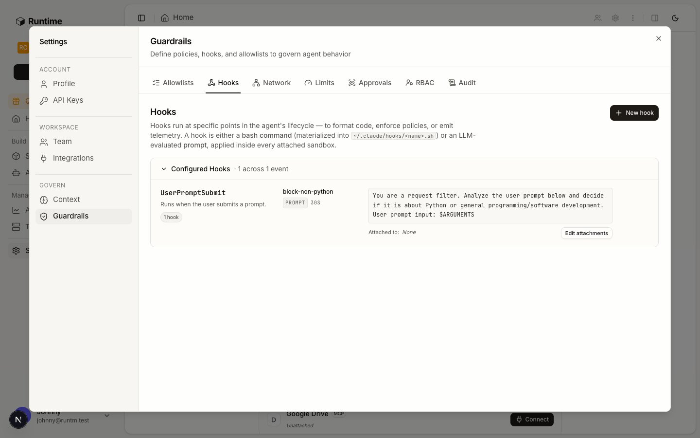 Guardrails page, Hooks tab, showing event, type, matcher, script and timeout fields