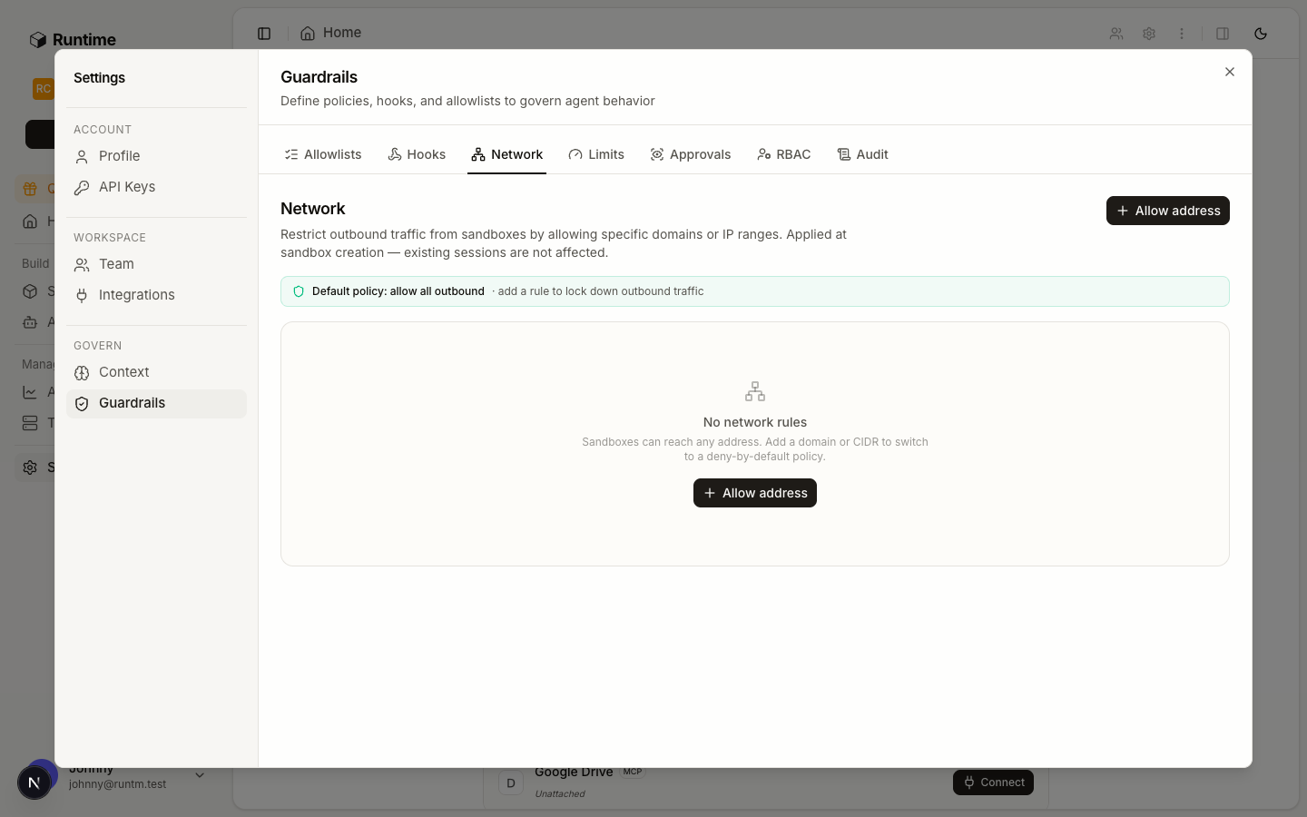 Guardrails page, Network tab, with host rows