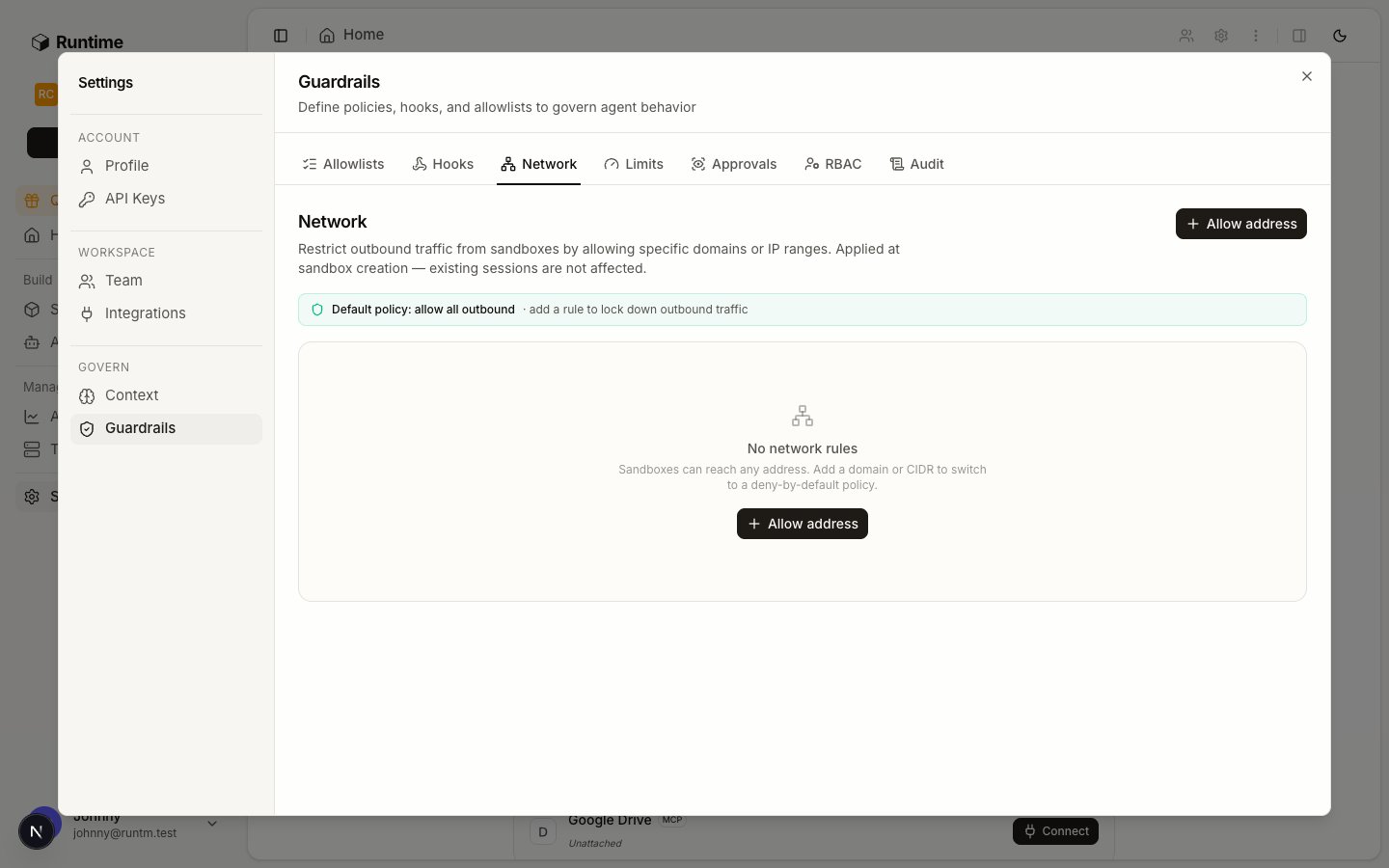 Guardrails page, Network tab, with host and CIDR rows