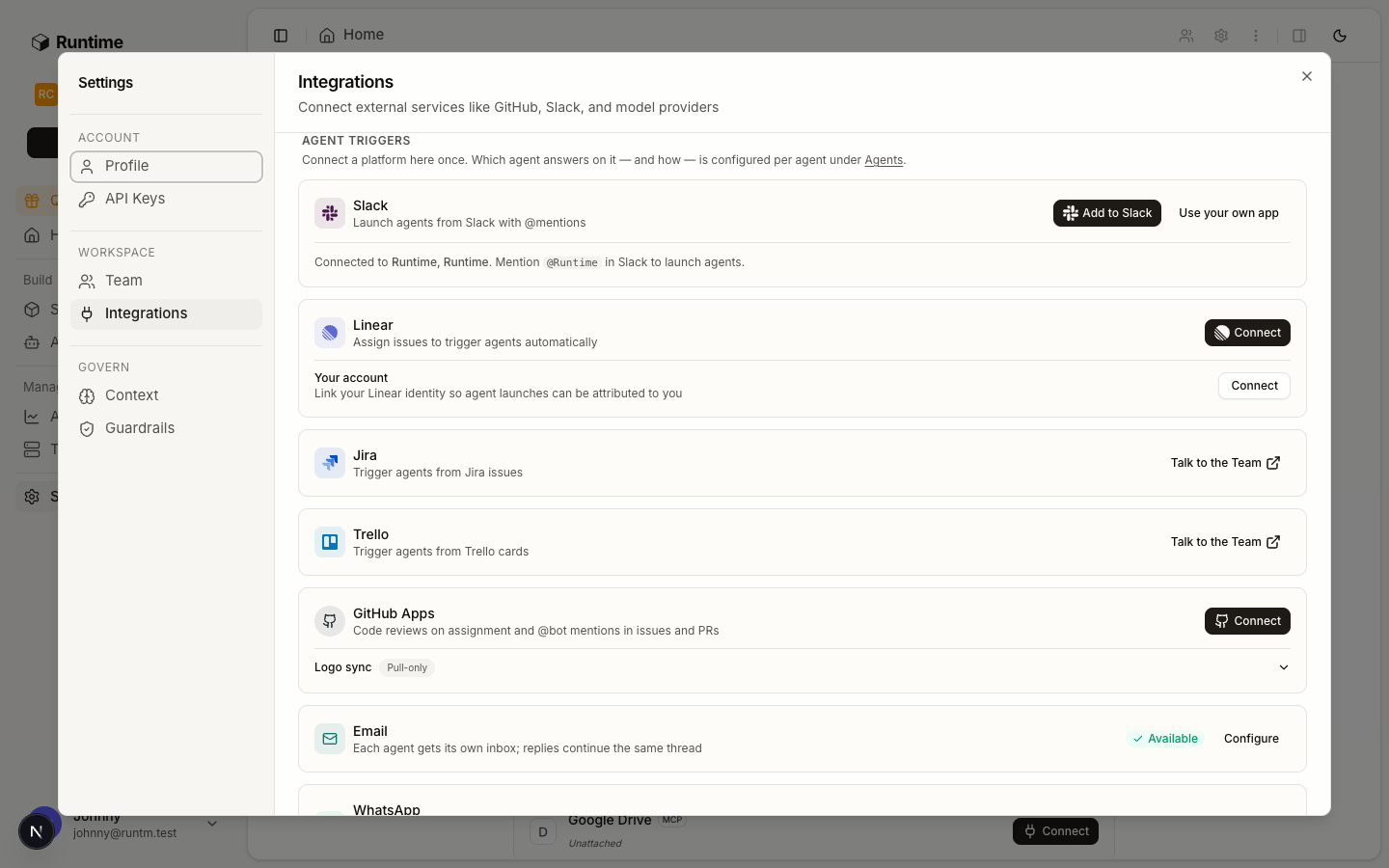 Integrations page, Agent Triggers section, showing Slack, Linear, GitHub Apps, Email, WhatsApp and SMS