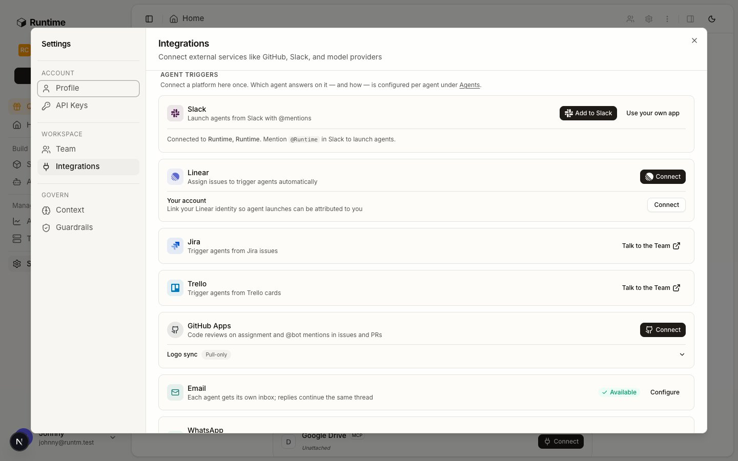 Integrations page, Agent Triggers section, showing Slack, Linear, GitHub Apps, Email, WhatsApp and SMS