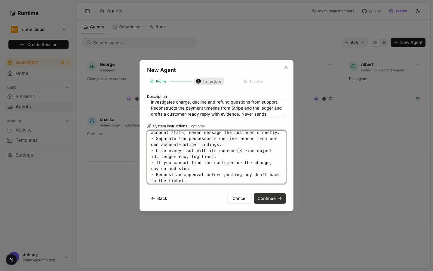 New Agent dialog, Instructions step with Description and System instructions fields