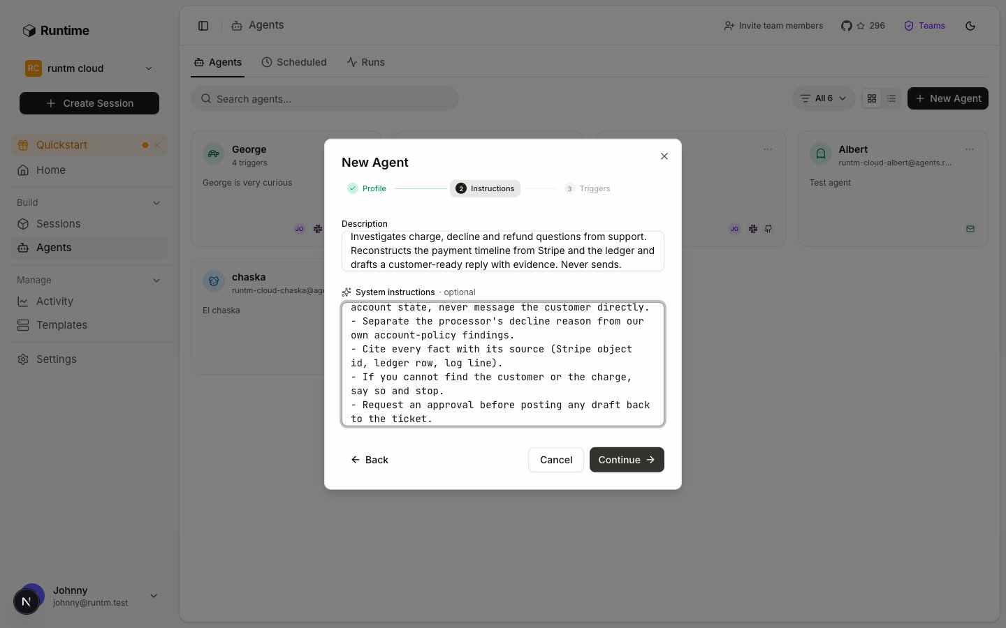 New Agent dialog, Instructions step with Description and System instructions fields