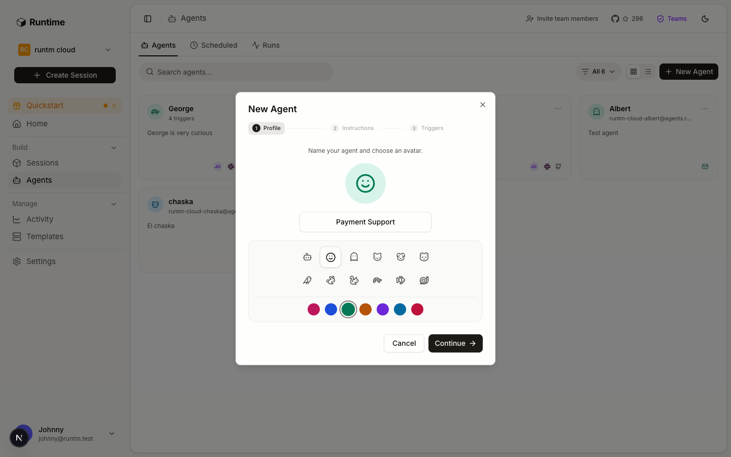 New Agent dialog, Profile step with name and avatar picker