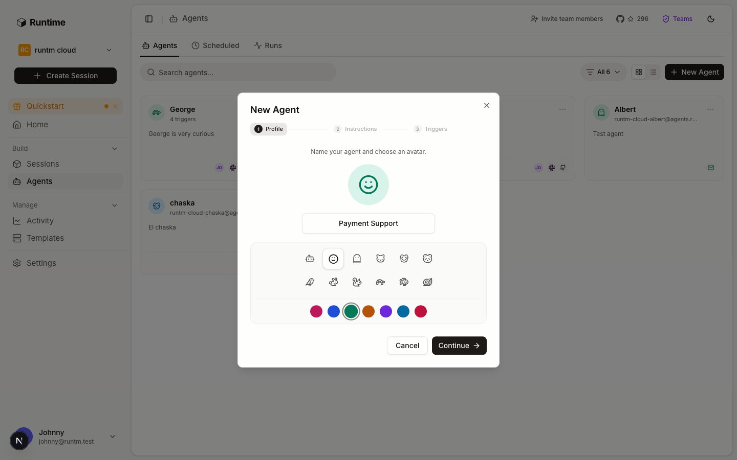 New Agent dialog, Profile step with name and avatar picker