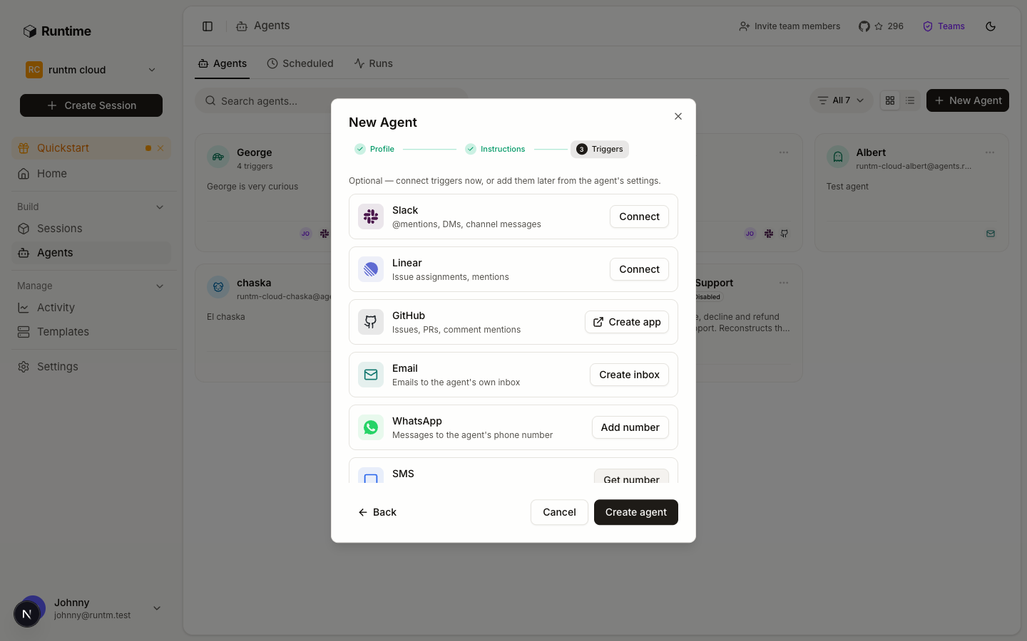 Agent triggers list with Slack, Linear, GitHub, Email and WhatsApp rows